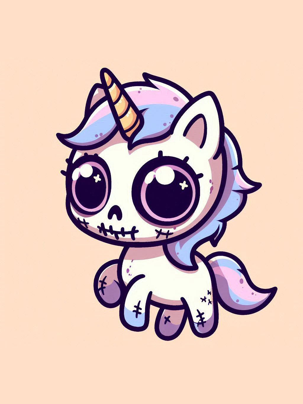 Halloween unicorn illustration ideas featuring a cute unicorn with a skeleton face, big eyes, and pastel mane, creating an adorable eerie look.